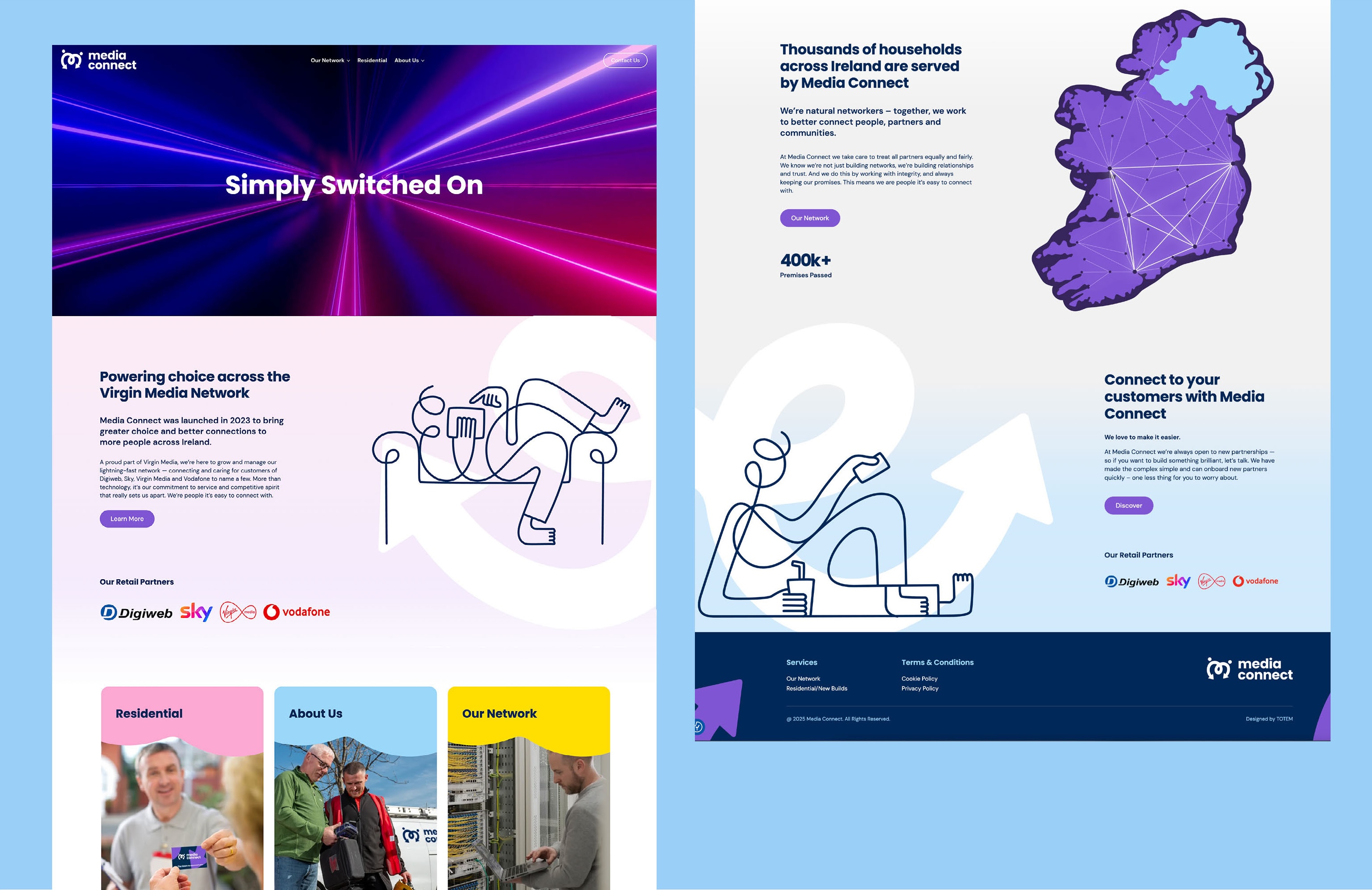 Website – the positioning and flowing-line illustrations carried across the digital experience.